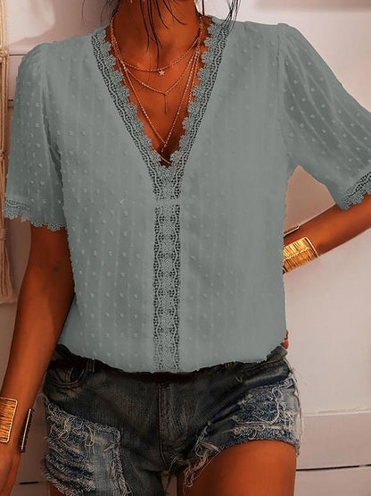 Deep V-neck Embroidered Lace Chiffon Blouse