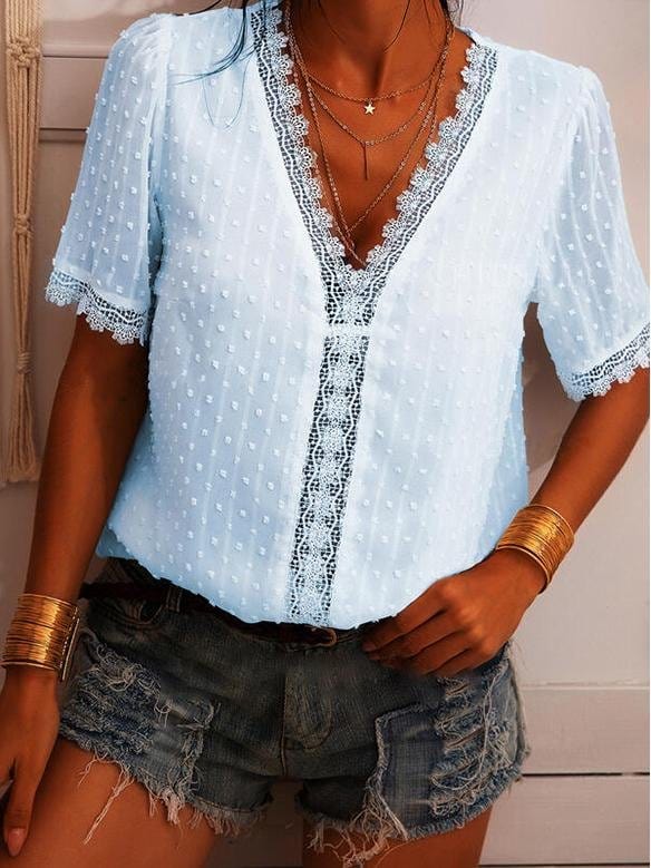 Deep V-neck Embroidered Lace Chiffon Blouse