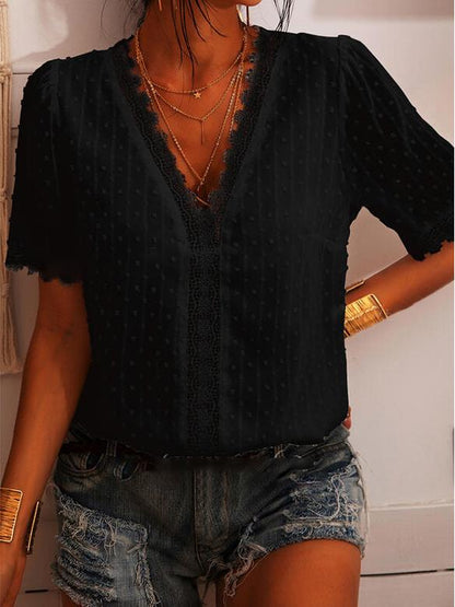 Deep V-neck Embroidered Lace Chiffon Blouse