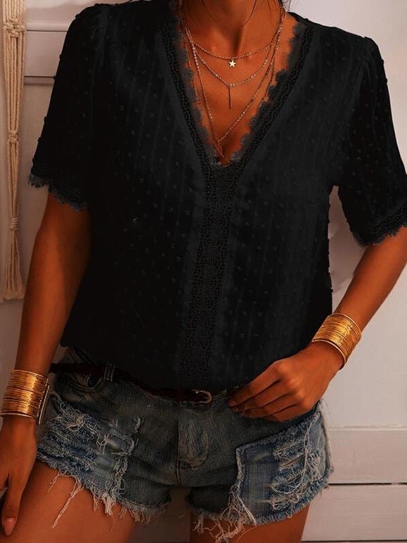 Deep V-neck Embroidered Lace Chiffon Blouse