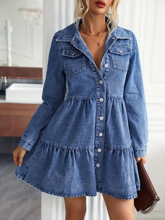 Denim Lapel Dress with Layered Flap Pockets and Button Detail