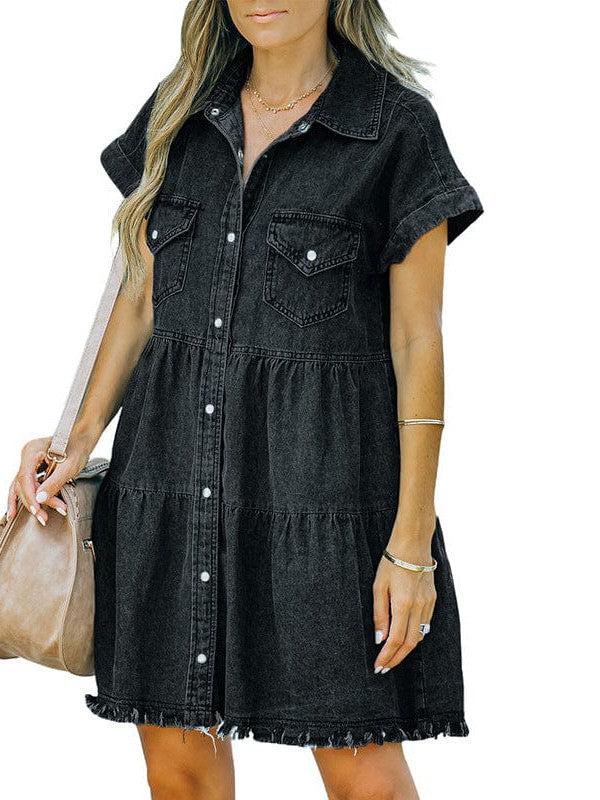 Denim Lapel Loose Buttoned Short-Sleeve Dress