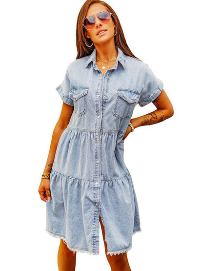 Denim Lapel Loose Buttoned Short-Sleeve Dress