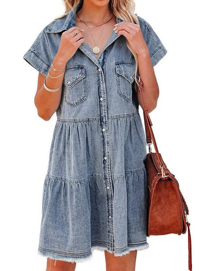 Denim Lapel Loose Buttoned Short-Sleeve Dress