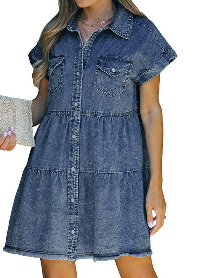 Denim Lapel Loose Buttoned Short-Sleeve Dress