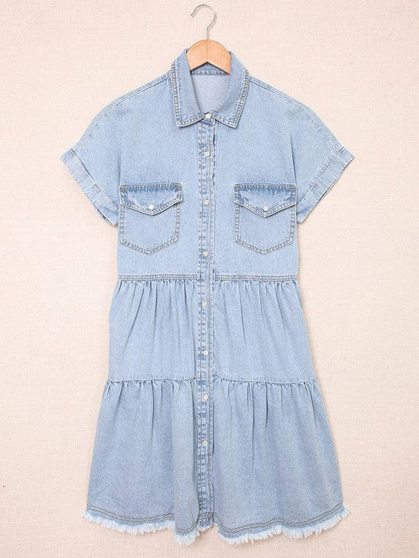 Denim Lapel Loose Buttoned Short-Sleeve Dress