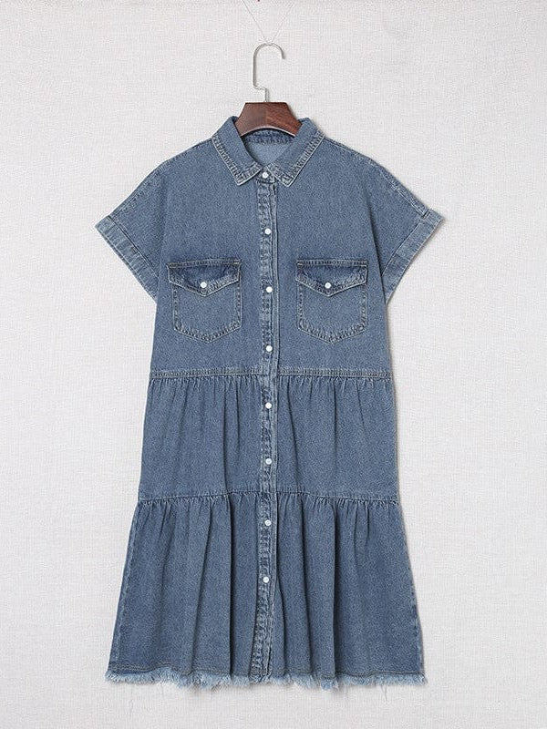 Denim Lapel Loose Buttoned Short-Sleeve Dress