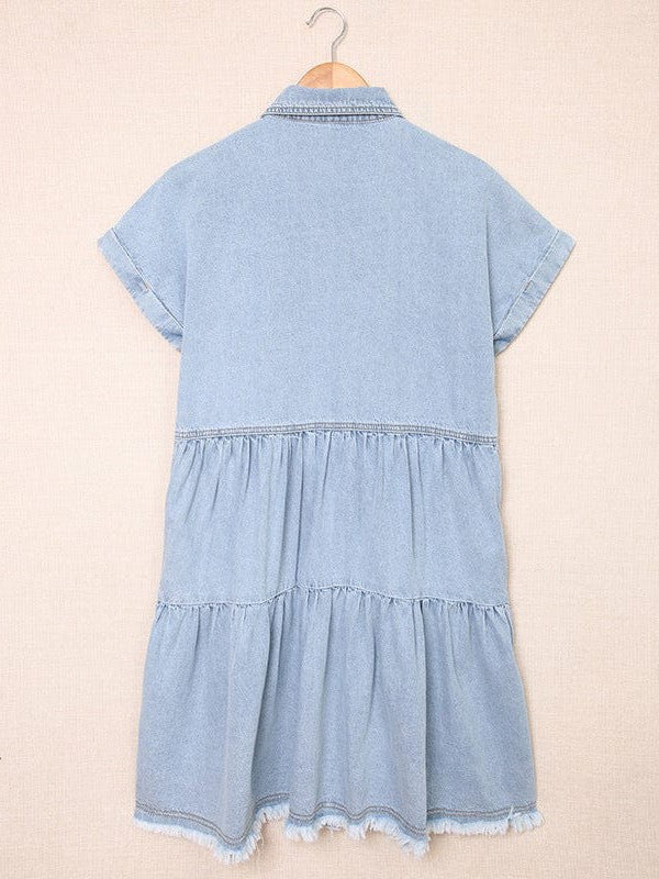 Denim Lapel Loose Buttoned Short-Sleeve Dress