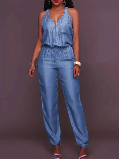 Denim Zip-Front Jumpsuit with Elastic Waist and Sleeveless Denim Overalls for Women