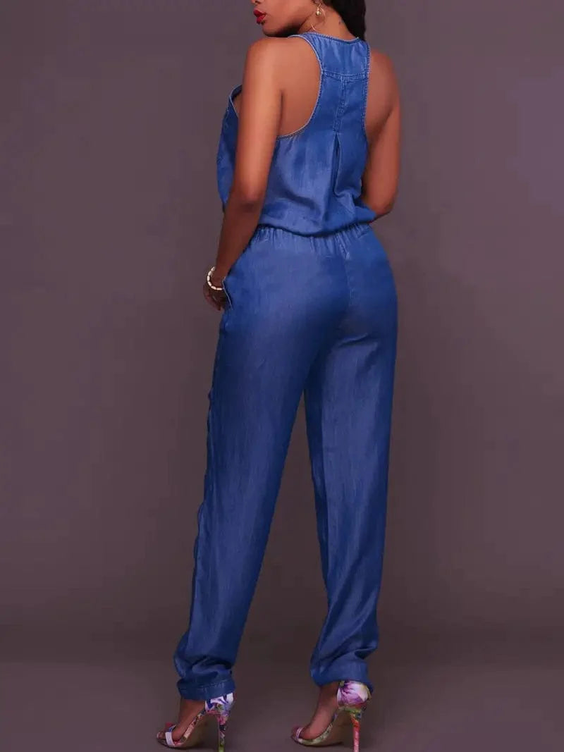 Denim Zip-Front Jumpsuit with Elastic Waist and Sleeveless Denim Overalls for Women