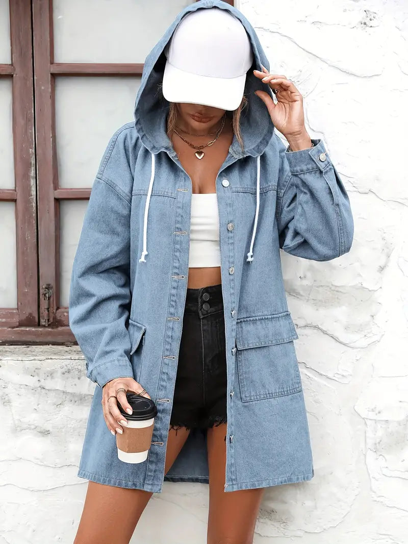 Hooded Denim Coat with Flap Pockets and Long Sleeves
