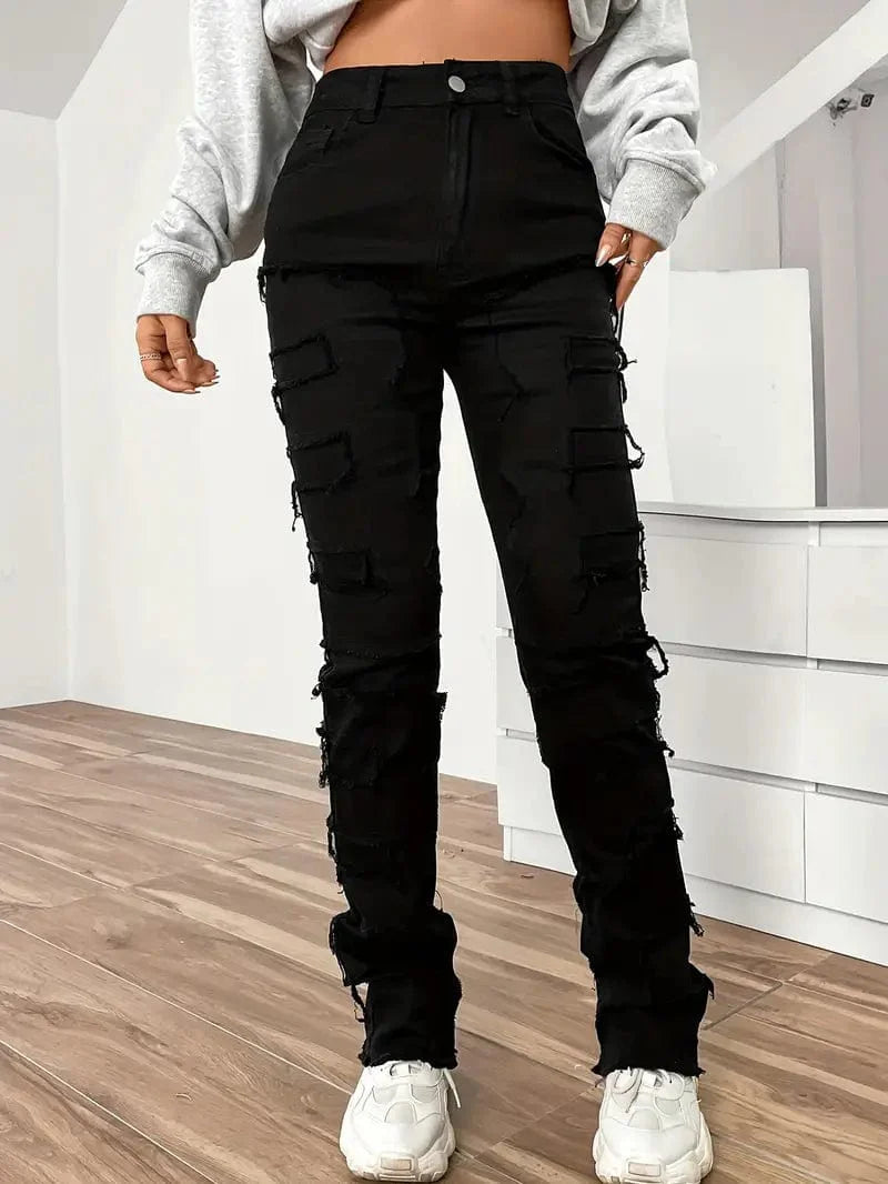 Patchwork Mid-Stretch Straight Jeans, Chic Distressed Denim, Women's Jeans & Clothing