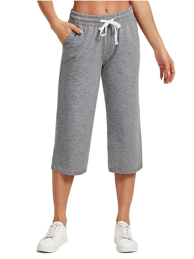 Women's Capri Pants Loose Yoga Cotton Capris Sweatpants with Pockets Wide Leg Drawstring Pants - LuckyFash™