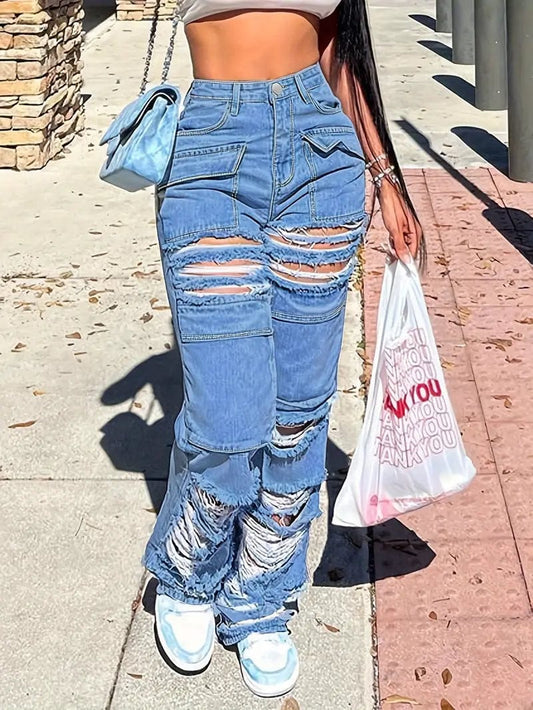 Distressed Blue Denim Jeans with Ripped Holes, Loose Fit Straight Leg Pants for Women