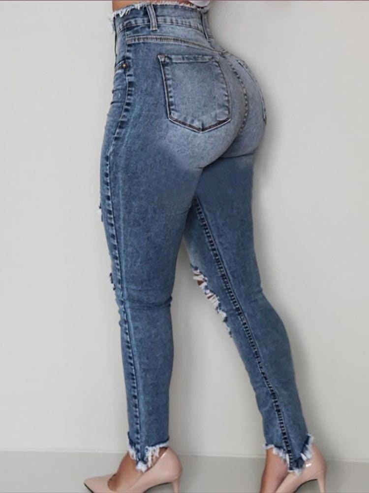 Distressed Cutout Fringe Hem Casual Jeans