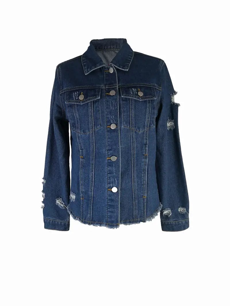 Distressed Denim Coats with Flutter Hems and Lapel, Stylish Jackets for Women