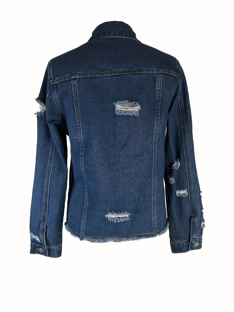 Distressed Denim Coats with Flutter Hems and Lapel, Stylish Jackets for Women