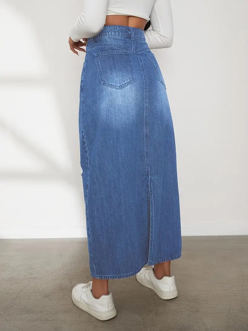 Distressed Denim Skirt with Slant Pockets, Classic Non-Stretch Midi Length, Women's Jeans Wardrobe