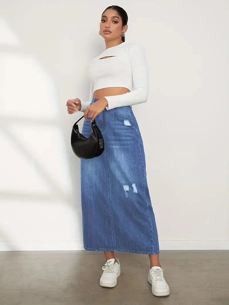 Distressed Denim Skirt with Slant Pockets, Classic Non-Stretch Midi Length, Women's Jeans Wardrobe