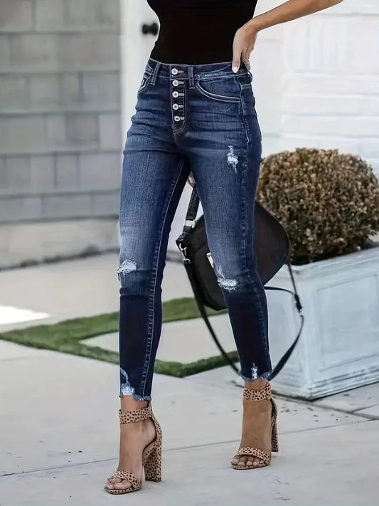 Distressed Skinny Denim Pants with Knee Cut and Low Waist - Women's Jeans Collection