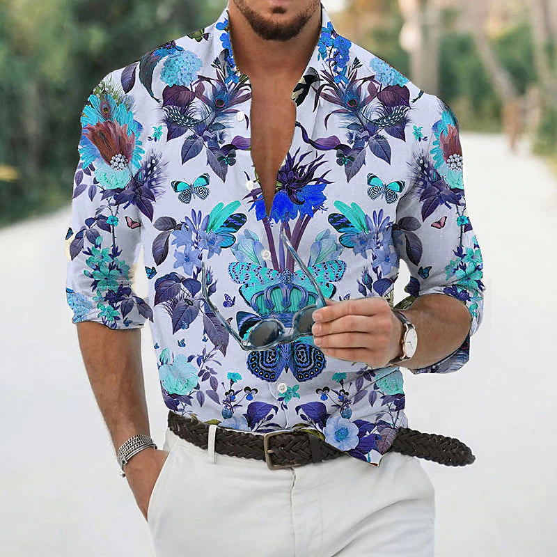 Valentines Day Butterfly'S Tale Mens Graphic Shirt Casual Classic Collar Blue Purple Green Gray Print Vacation Going Out Long Sleeve Clothing Apparel Designer Floral Pink Cotton