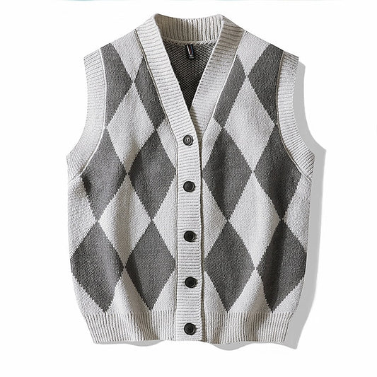 Men's Sweater Vest Cardigan Sweater Ribbed Knit Button Knitted Geometric V Neck Modern Contemporary Daily Wear Going out Clothing Apparel Sleeveless Fall & Winter Black Blue M L XL