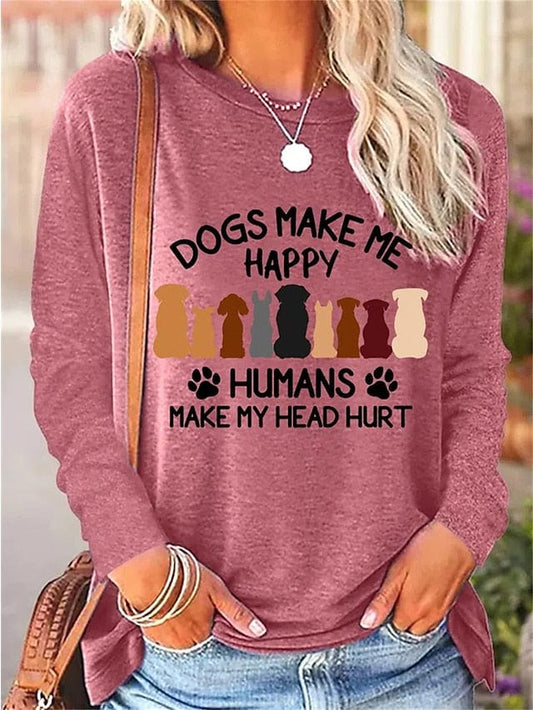 Dog Print Long Sleeve Women's T-Shirt for Spring and Fall