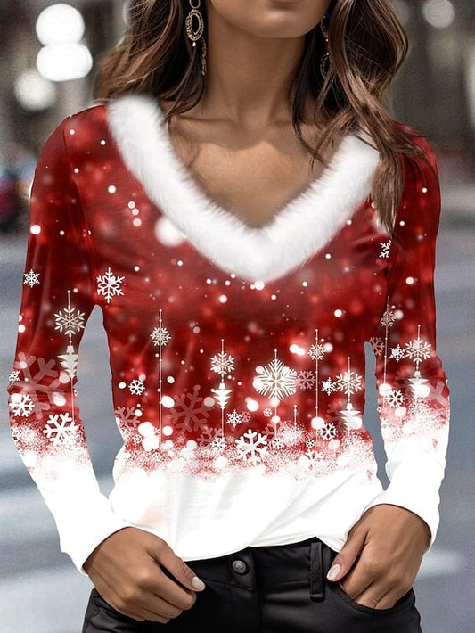 Festive Women's Snowflake Print Christmas Long Sleeve T-Shirt with Fur Collar