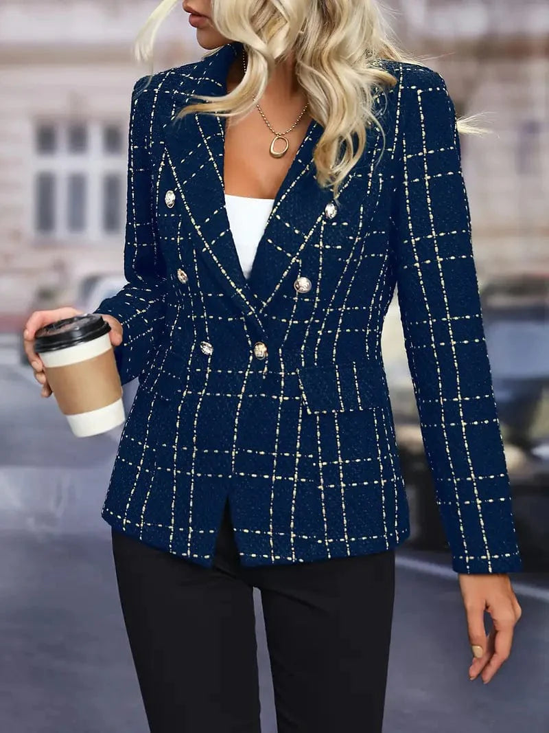 Double Breasted Plaid Jacket with Sophisticated Lapel Detail - Ladies' Elegant Outerwear
