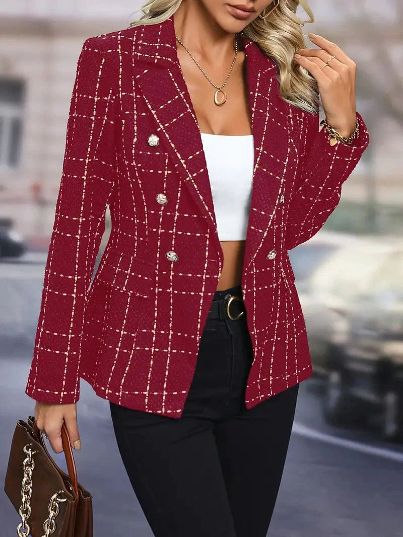 Double Breasted Plaid Jacket with Sophisticated Lapel Detail - Ladies' Elegant Outerwear