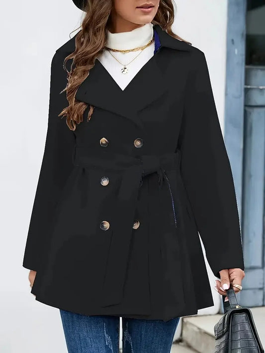 Double Breasted Solid Coat, Sophisticated Long Sleeve Outerwear for Women