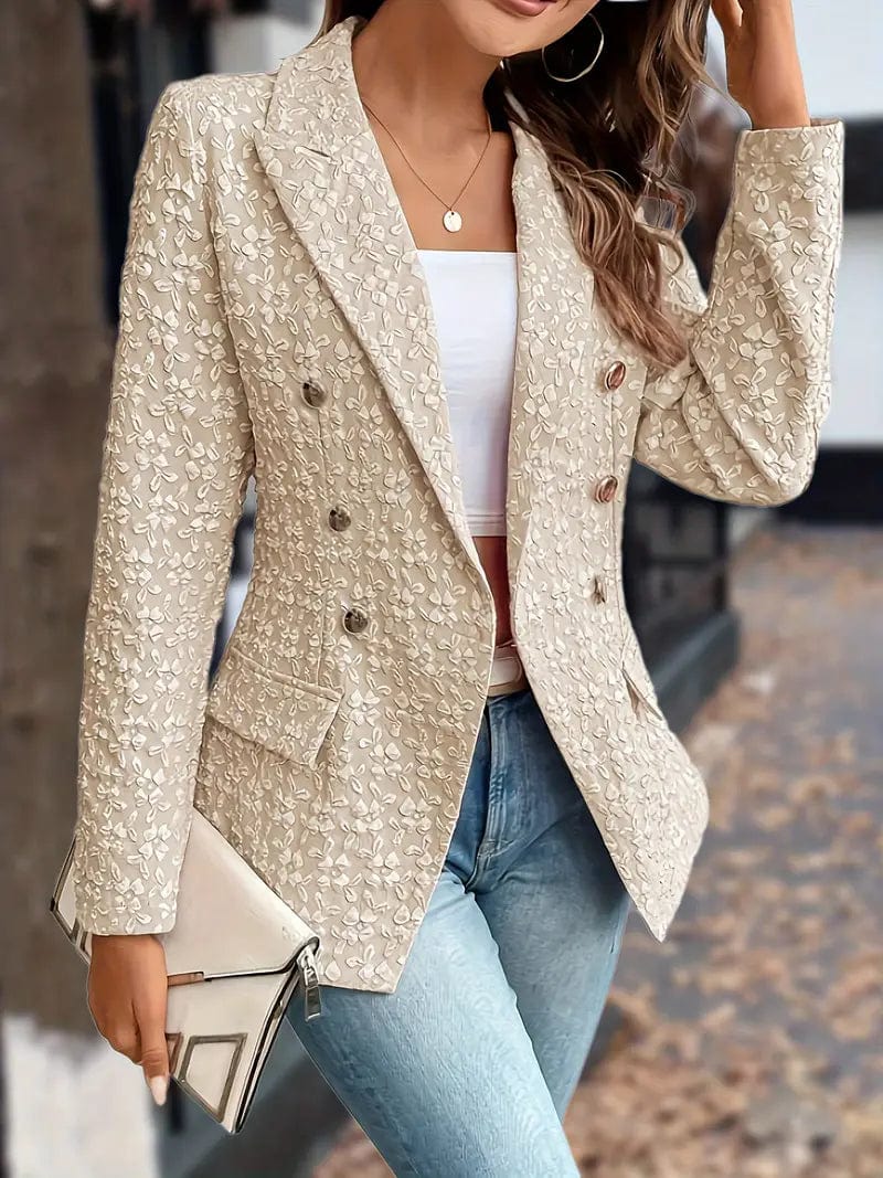 Double Breasted Textured Blazer with Chic Lapel, Stylish Long Sleeve Work Office Jacket, Women's Fashion Choice