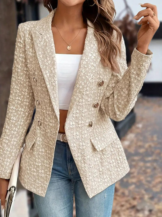 Double Breasted Textured Blazer with Chic Lapel, Stylish Long Sleeve Work Office Jacket, Women's Fashion Choice