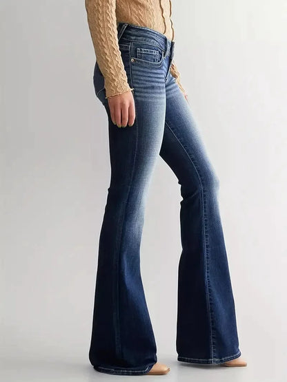 Double Button Whiskering Flare Leg Jeans, Mid Waist Retro Faded Watter Tipple Embossed Denim Pants for Women