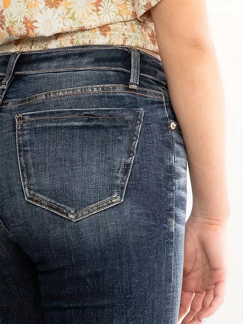 Double Button Whiskering Flare Leg Jeans, Mid Waist Retro Faded Watter Tipple Embossed Denim Pants for Women