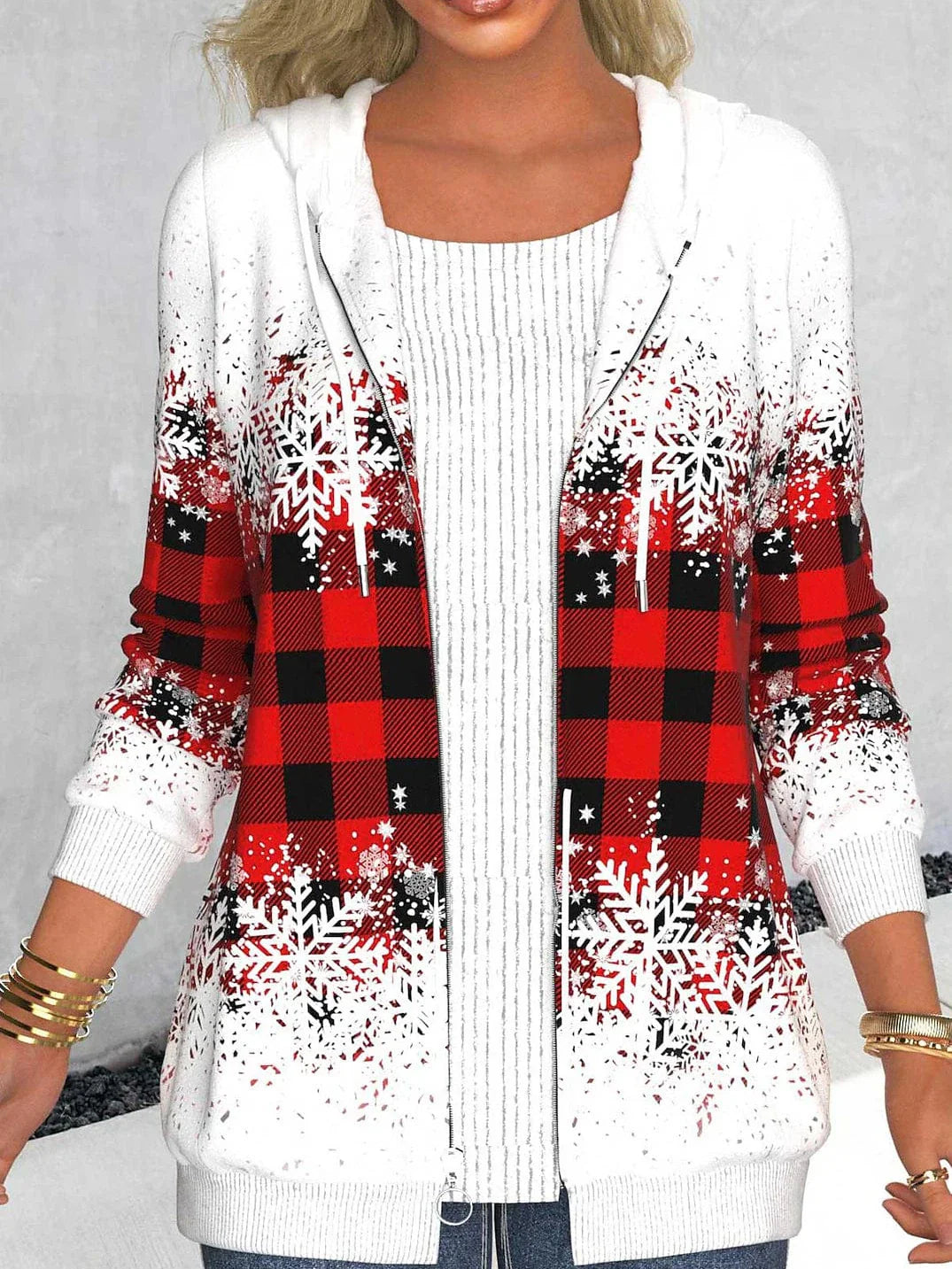 Plaid Snowflake Zip Up Sweatshirt with Drawstring Hoodie for Women
