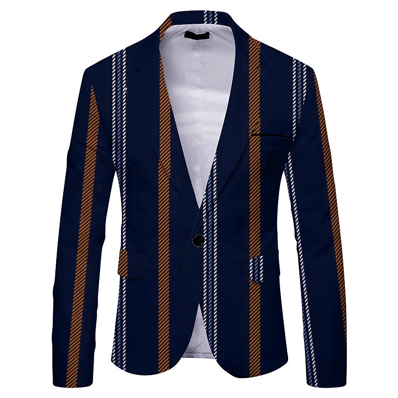 Warm & Stylish Men's Plaid Striped Navy Blue Brown Blazer