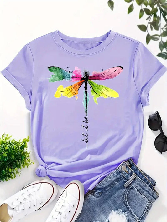 Dragonfly Pattern Crew Neck Tee, Relaxed Fit Short Sleeve Top for Spring & Summer, Women's Apparel