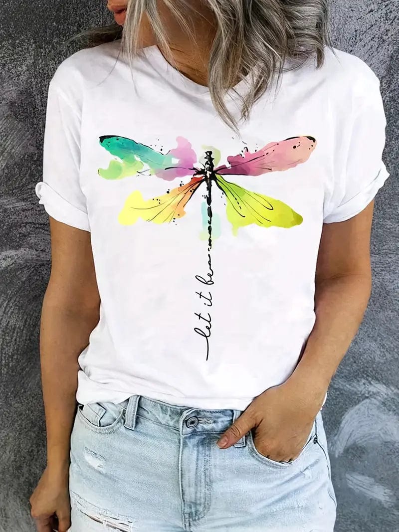 Dragonfly Pattern Crew Neck Tee, Relaxed Fit Short Sleeve Top for Spring & Summer, Women's Apparel