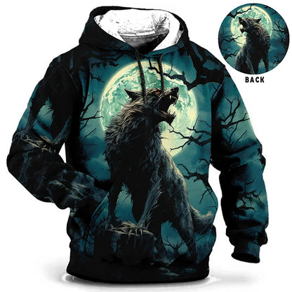 Halloween Howl At The Moon Mens Graphic Hoodie Animal Wolf Prints Daily Classic Casual 3D Pullover Holiday Going Out Streetwear Hoodies Blue Orange Green Long Sleeve Black Howling Cotton