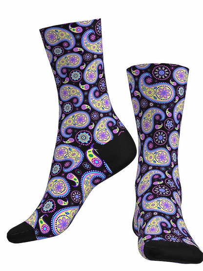 Paisley Cotton Outdoor Socks for Men and Women - Black/Purple