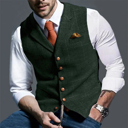 Vintage Style Men's V-Neck Waistcoat in Deep Green Navy Leaf with Print Design