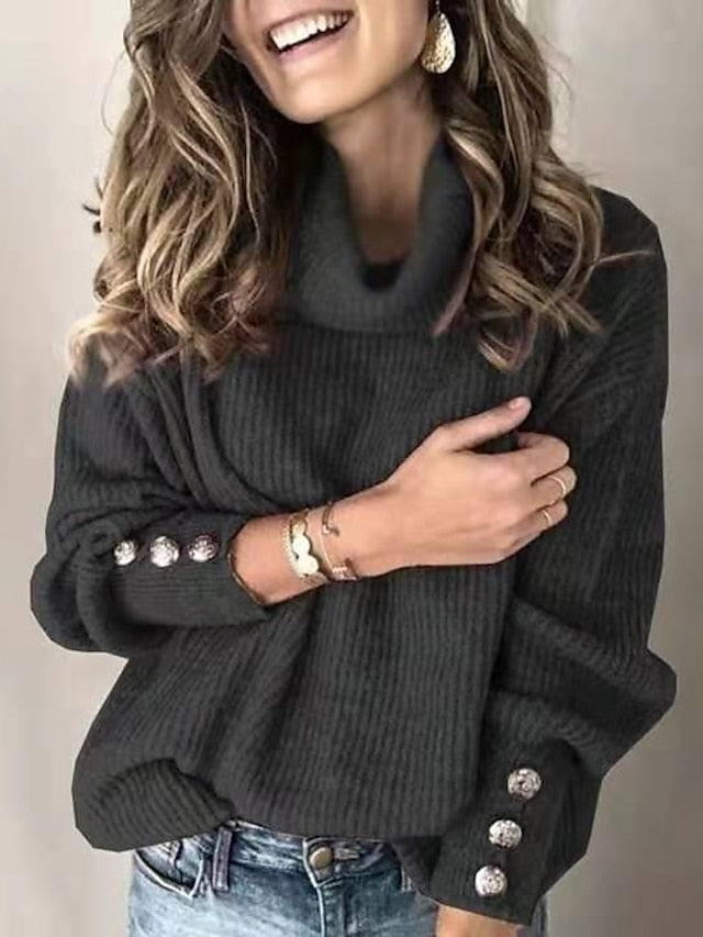 Women's Sweatshirt Sweater Pullover Basic Denim Blue Pinck Black Solid Color Street Pile Neck Long Sleeve - LuckyFash™