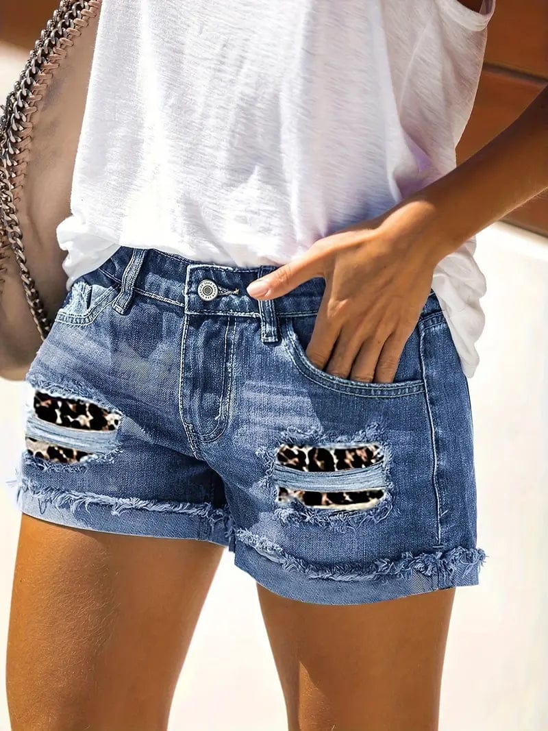 Trendy Vintage Denim Shorts with Leopard Patchwork - Relaxed Straight Leg Fit, Raw Folded Hem for Summer Style