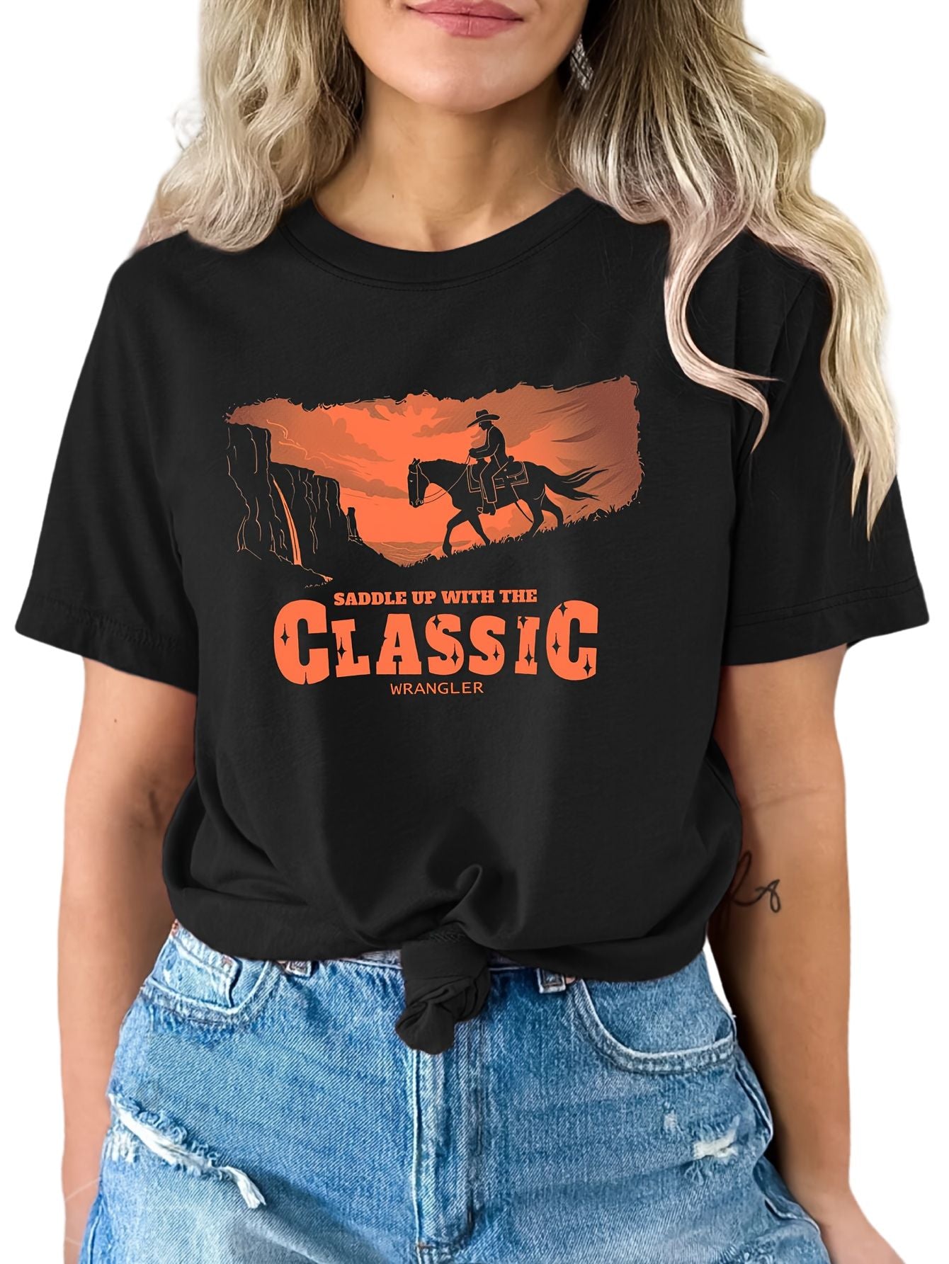 Cowboy Print T-shirt, Short Sleeve Crew Neck Casual Top For Summer & Spring, Women's Clothing