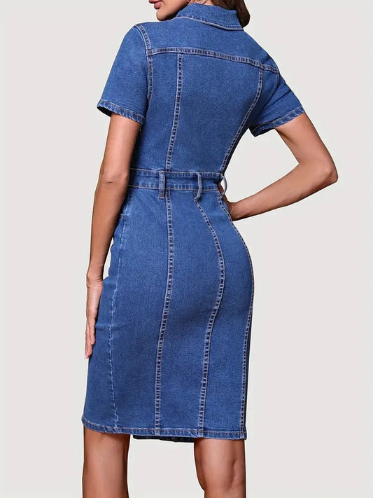 Short Sleeve Denim Dress with Flap Pockets and Lapel, Slim Fit Button-Down Front, Women's Washed Denim Apparel