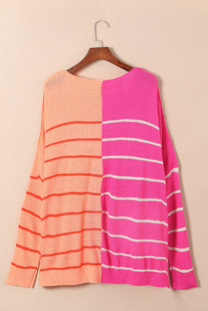 Yellow Striped Patchwork Knit Sweater for Plus Size Women