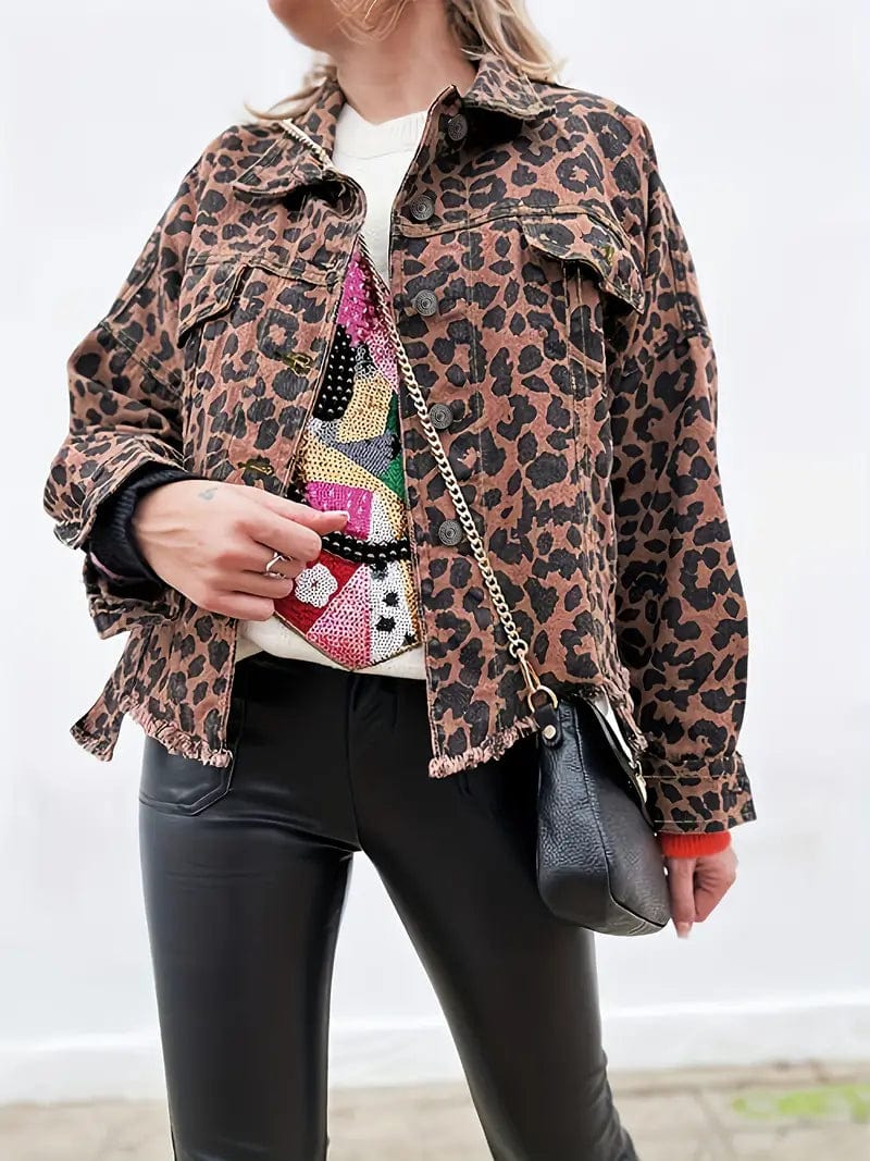 Leopard Print Oversized Denim Jacket with Raw Hem and Flap Pockets