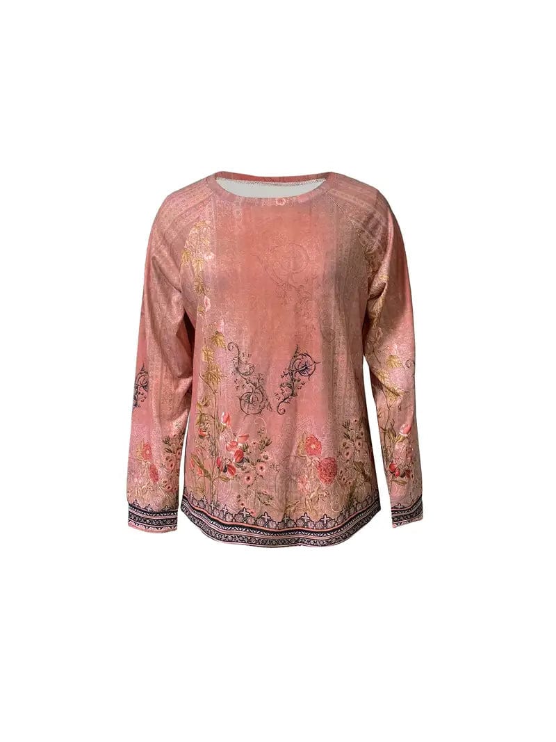 Vintage Floral Print Long Sleeve T-Shirt for Women - Perfect for Spring & Fall