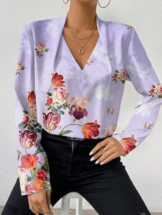 Floral Print V-Neck Long Sleeve Women's Blouse Casual Holiday Fashion